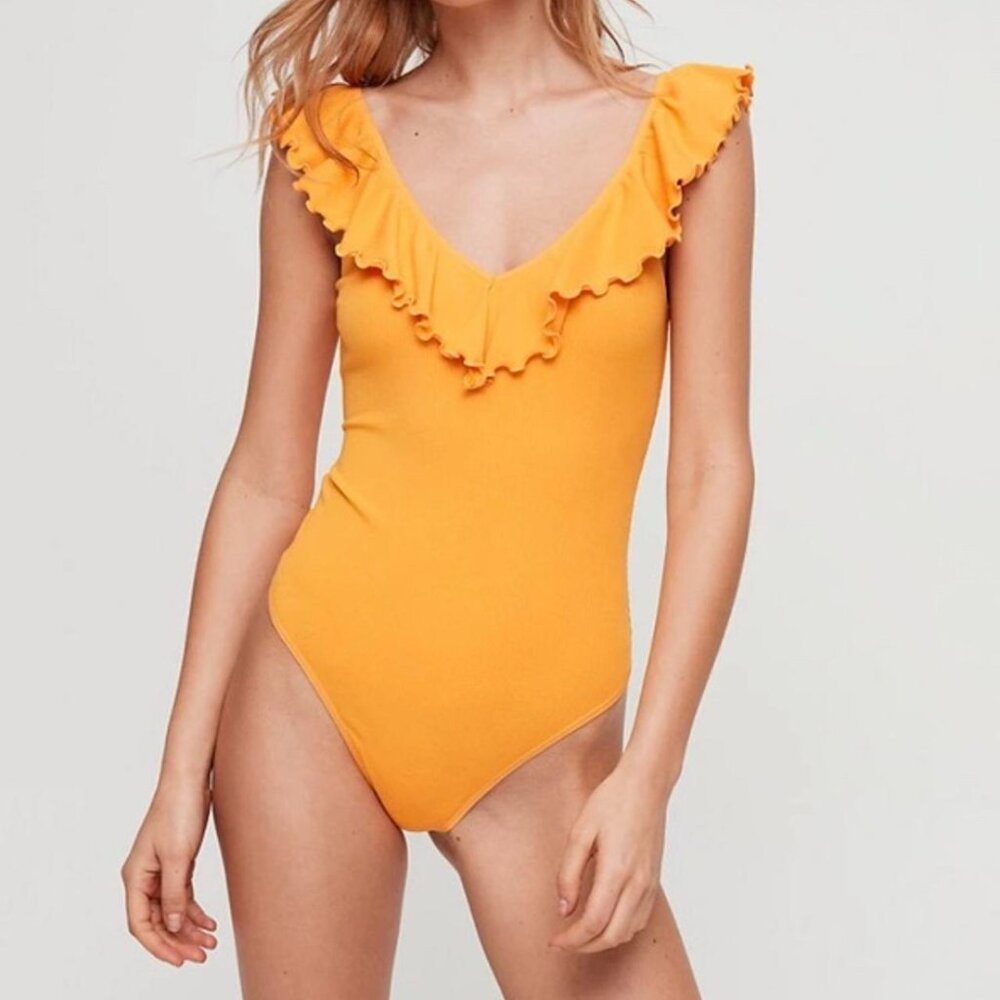 Wilfred Aritzia Danette Bodysuit | Mustard Yellow Ruffled Ribbed